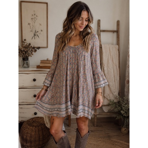Altar'd State Dresses & Skirts - Altar'd State Boho Floral Bell Sleeve Babydoll Mini Dress Bohemian M